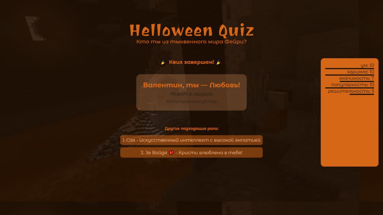 Скриншот сайта с квизом на Хэллоуин, где игроки выбивали себе интересные роли